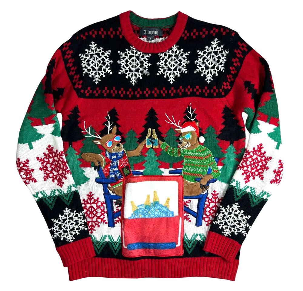 33 Degree Unisex Ugly Christmas Sweater Size S Beer Pocket Reindeer Snowflake